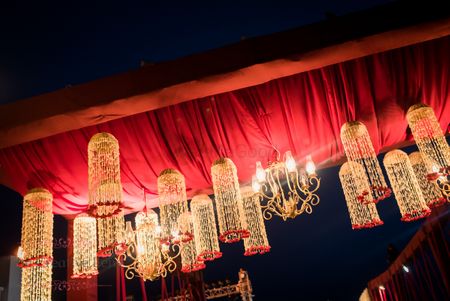 Photo of White and red hanging floral string in night decor
