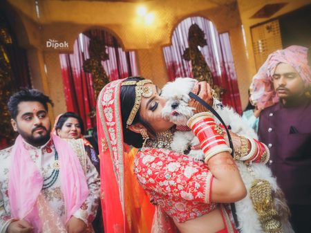 Bride kissing her dog on wedding day