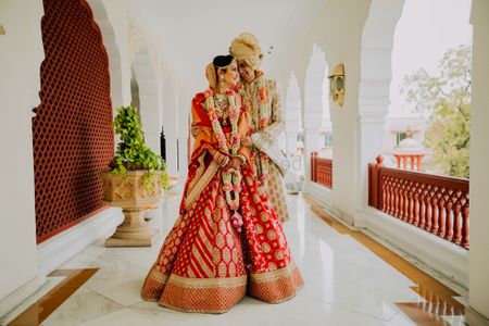 A bride and groom with pretty jaimala