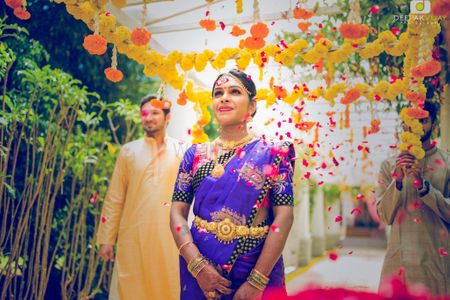 South Indian bride under phoolon ka chadar 