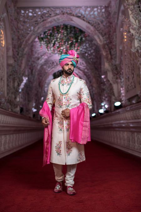 Photo of Pretty floral sherwani with pink and blue safa