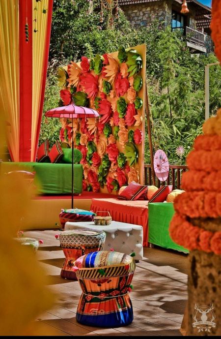 Photo of Mehendi decor with 3d floral wall