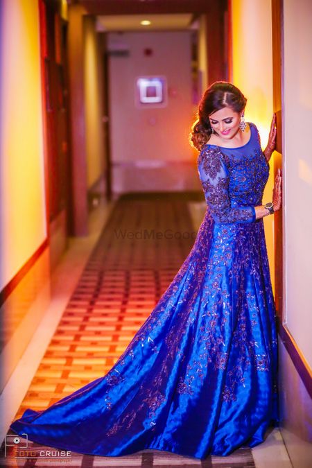 Bright blue embellished gown for reception 