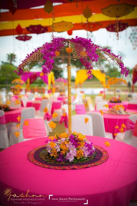 Photo of Parasol style floral centrepiece