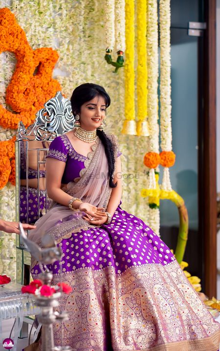 Purple benarasi lehenga for South Indian bride 