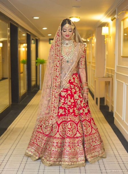 Silk Fabric Embroidered Red Color Bridal Lehenga Choli With Double Dupatta