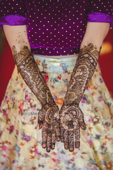 Unique bridal half and half mehendi design with Pooja 