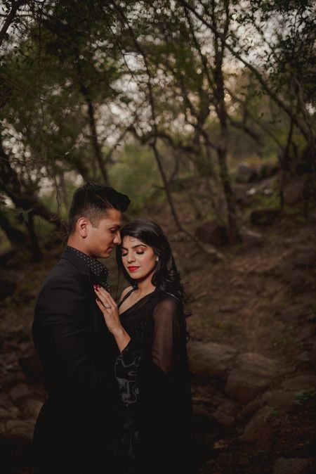 Romantic pre wedding shoot in forest in saree