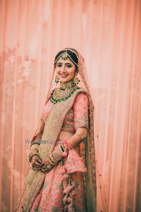 Peach and light green lehenga for bride 