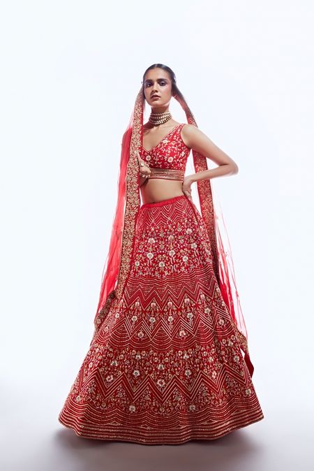 Simple red bridal lehenga with embroidery