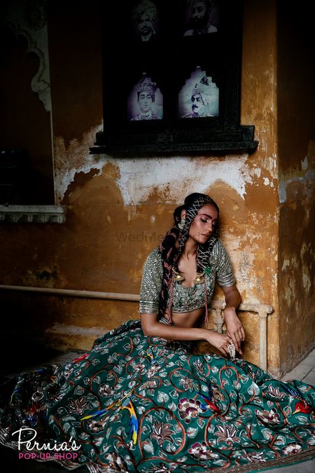 Dark green embroidered mehendi lehenga 