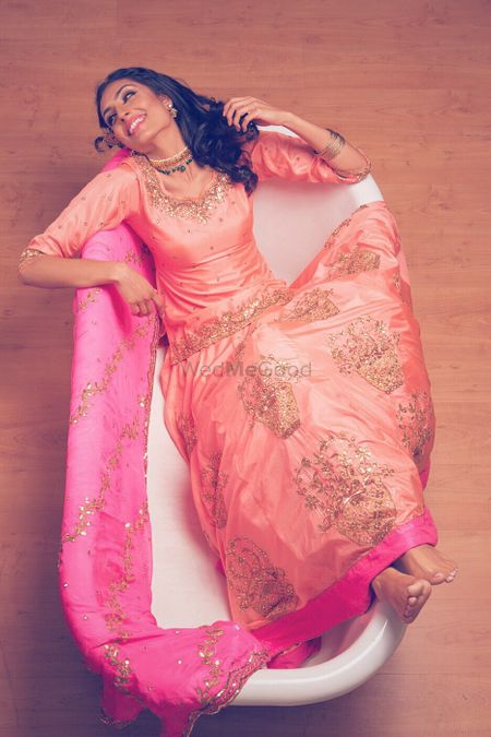 Peach and Gold Lehenga with Pink Dupatta