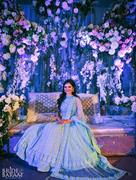 A bride-to-be wearing Light Blue Chikankari Lehenga