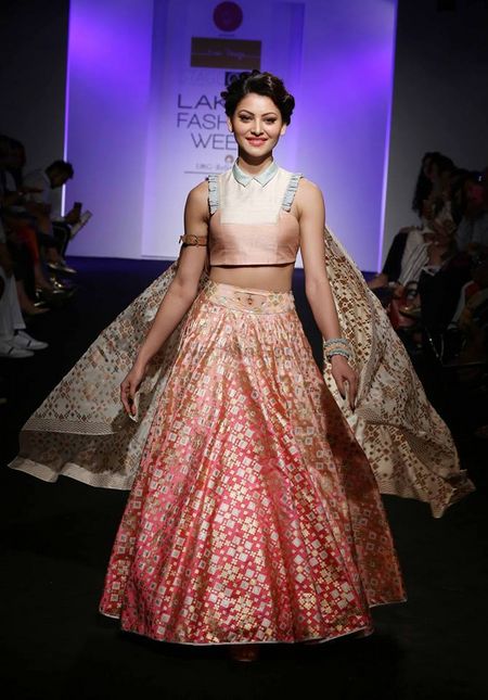 Photo of Peach Shirt Blouse and Red Shaded Skirt