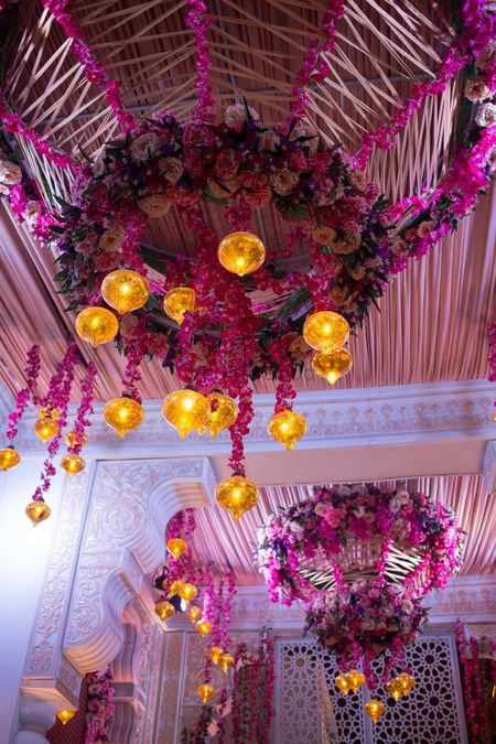 Hanging pink floral chandelier with lights 
