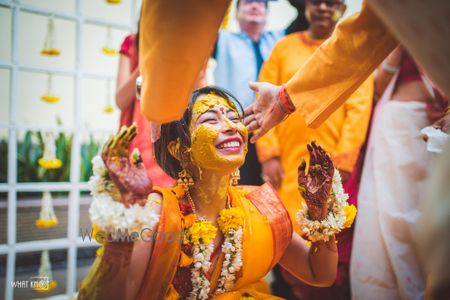 Happy bride on haldi