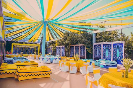 Light blue and yellow theme mehendi decor seating and tent idea