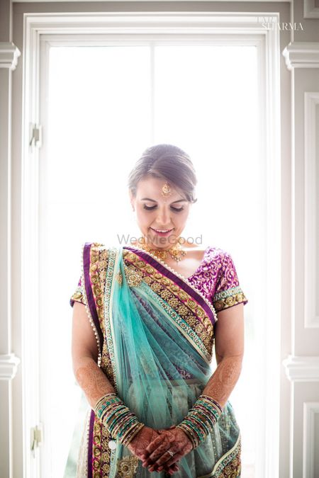 turquoise and purple sari