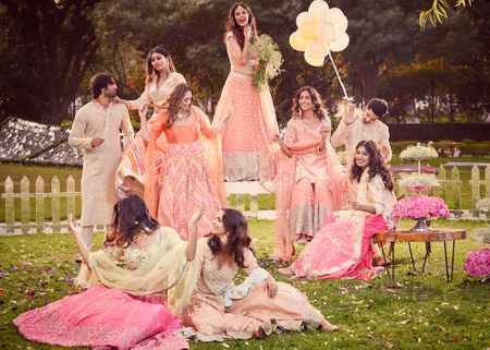 A group of friends in sorbet colors, perfect for a day mehndi