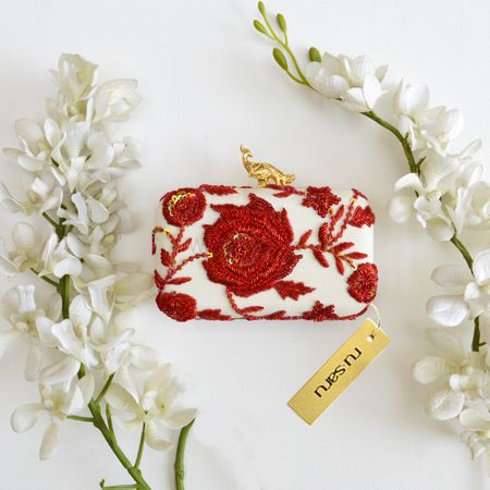 White and red box clutch for brides