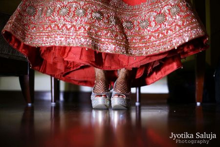 Silver Bridal Shoes and Red Lehenga Border