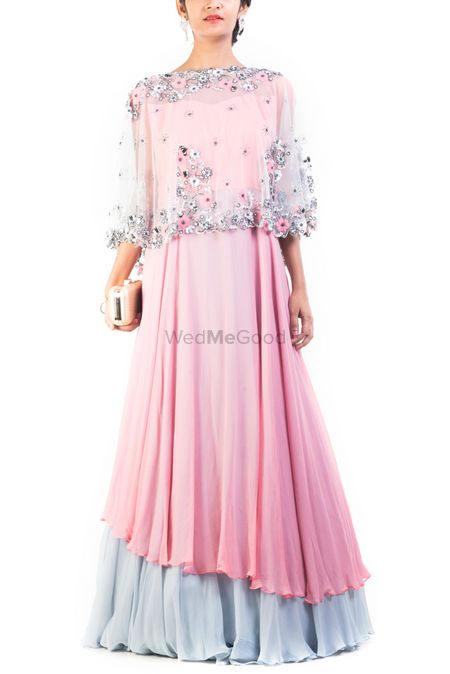 Pastel Pink and Pastel Blue Gown with Transparent Cape