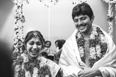 A happy and a bright couple monochrome shot on their wedding. 