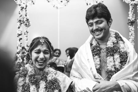 A happy and a bright couple monochrome shot on their wedding. 