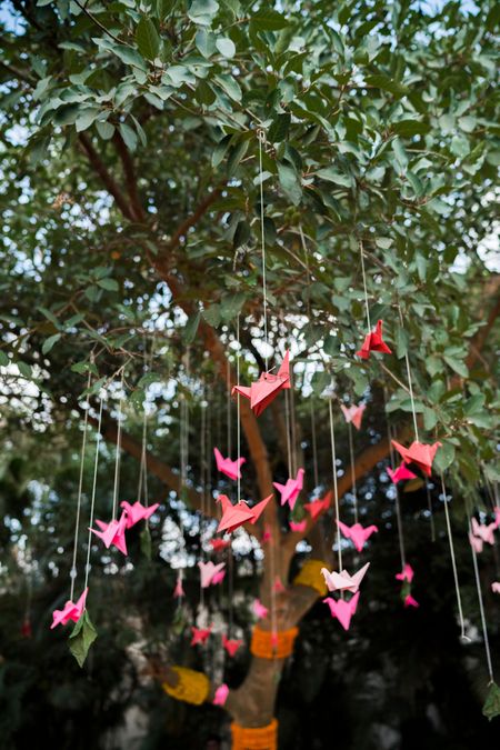 Paper origami cranes hanging from a tree