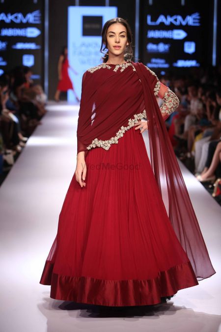 Red Net Gown with Marsala Cape and Gold Border