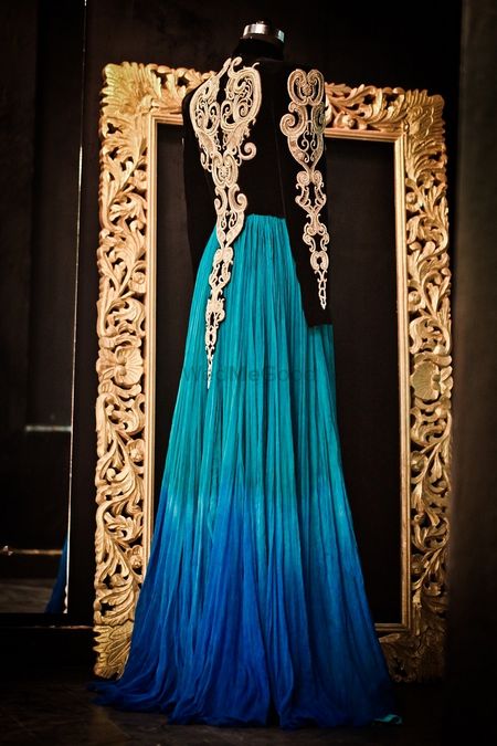 floor length gown in blue ombre