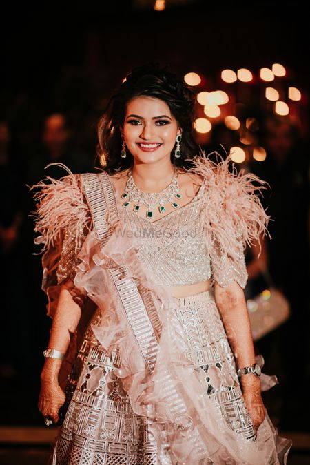 feathered lehenga gown for cocktail