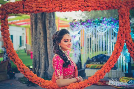 Pink Bride Portrait with Genda Phool Photobooth