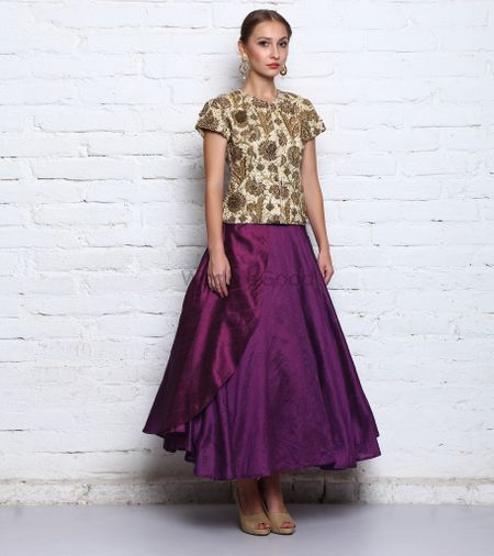 Cream Blouse with Zardosi work and Purple Skirt