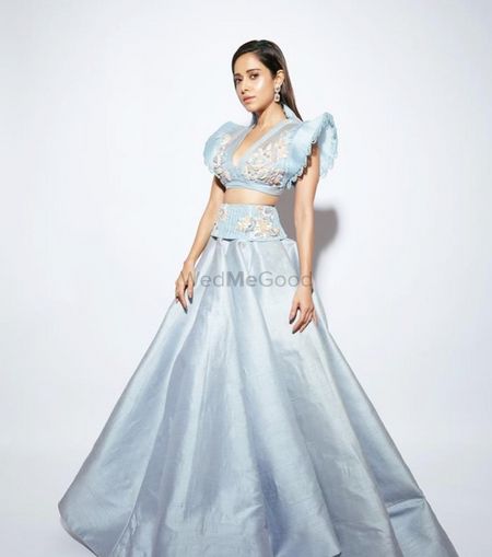 Light blue lehenga with a statement blouse.