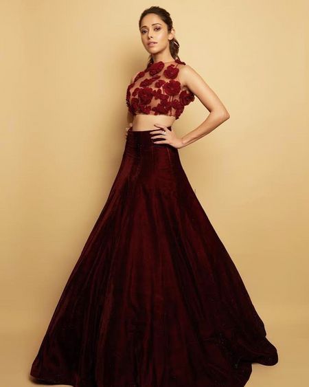 Deep maroon lehenga and 3d design blouse for cocktail night.