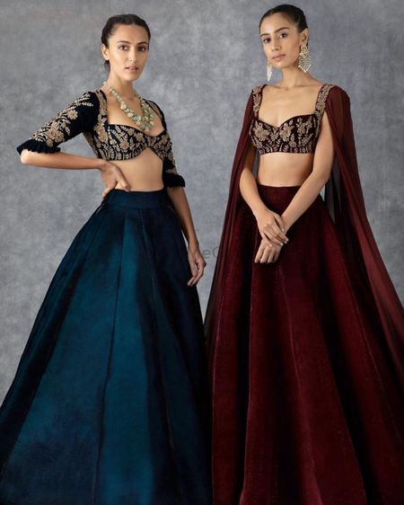 Photo of Deep blue and maroon lehengas with detailied blouse. Perfect for bridesmaids or groom's sister.