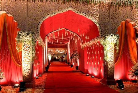 Red Themed Mandap with Floral Decor