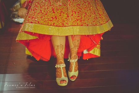 Red and Gold Lehenga with Silver Heels