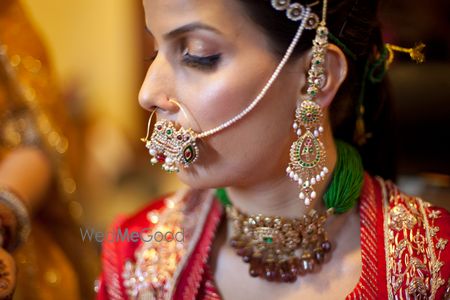 Photo of Gold Nath with Pearls and Green Beads and Pearl Strings