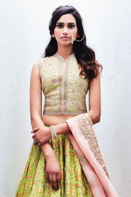 Light Green Sleeveless Blouse with Gold Embroidery