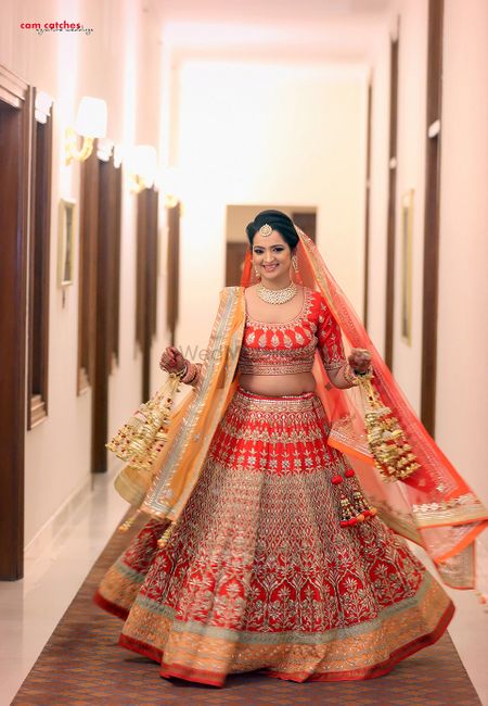 Bright Red and Gold Twirling Lehenga with Kaleere