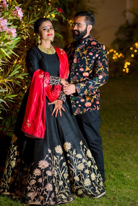 Bride and Groom in Black and Floral Prints