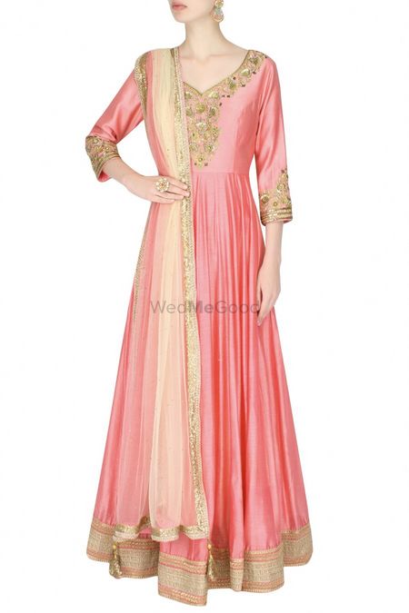 Photo of Pastel Pink Anarkali with Gold Border and Cream Dupatta