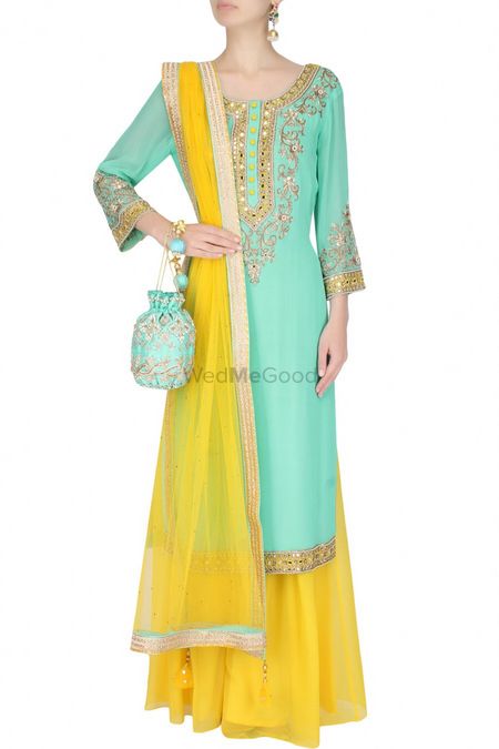 Photo of Mint Blue Kurta with Yellow Skirt