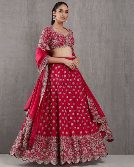 Deep Red Classic Lehenga Set with Patterned Zari Embroidery and  Embellishments - Seasons India