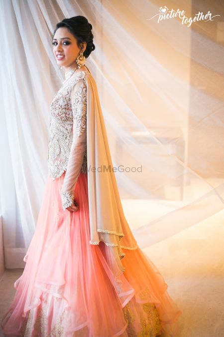 Cream Embroidered Blouse with Pastel Pink Gown