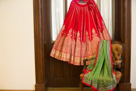 Red and Gold Hanging Lehenga with Parrot Green Dupatta