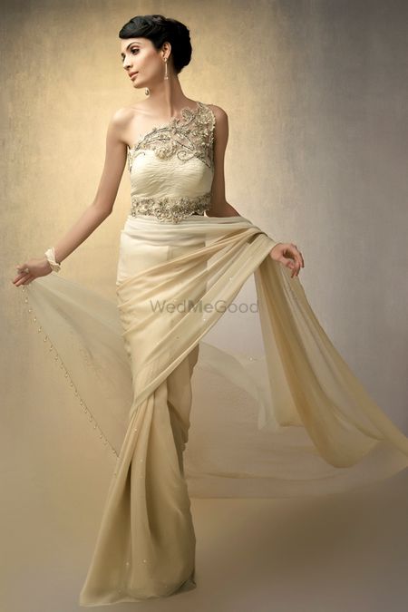 Photo of Cream Single Shoulder Saree Gown