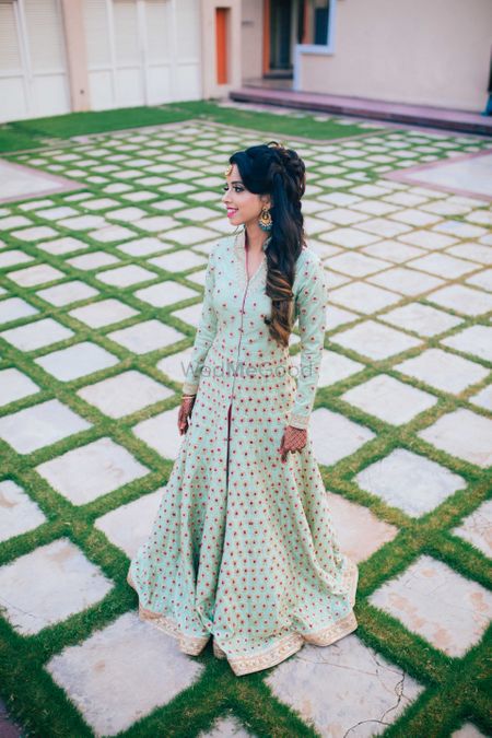 Mint Anarkali with Pink and Gold Motifs